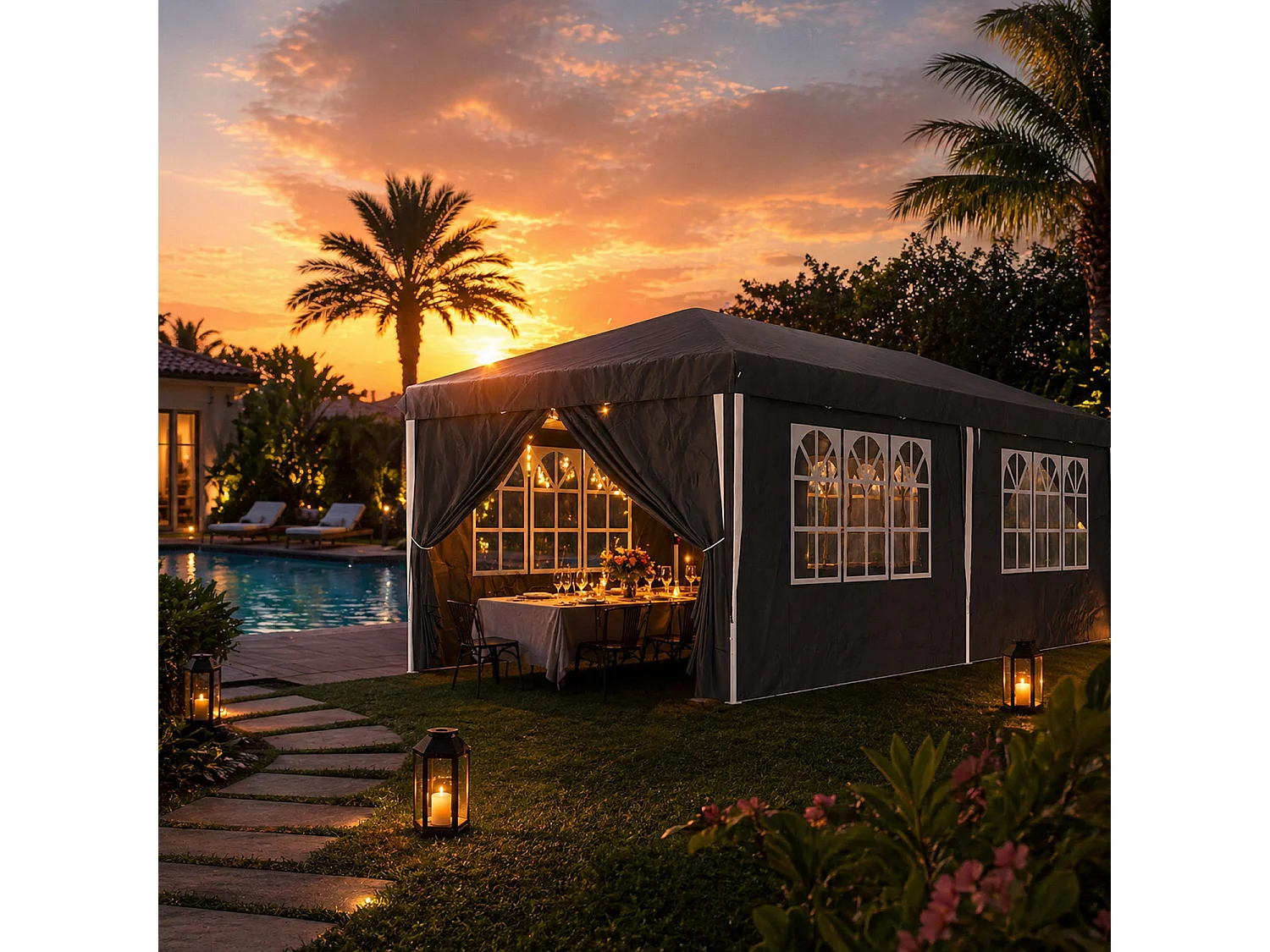 Gazebo Professionale Impermeabile Con Struttura In Metallo Pareti Laterali Porte E Finestre Removibili Altezza Regolabile Per Eventi All Aperto Nero 3x6 Metri