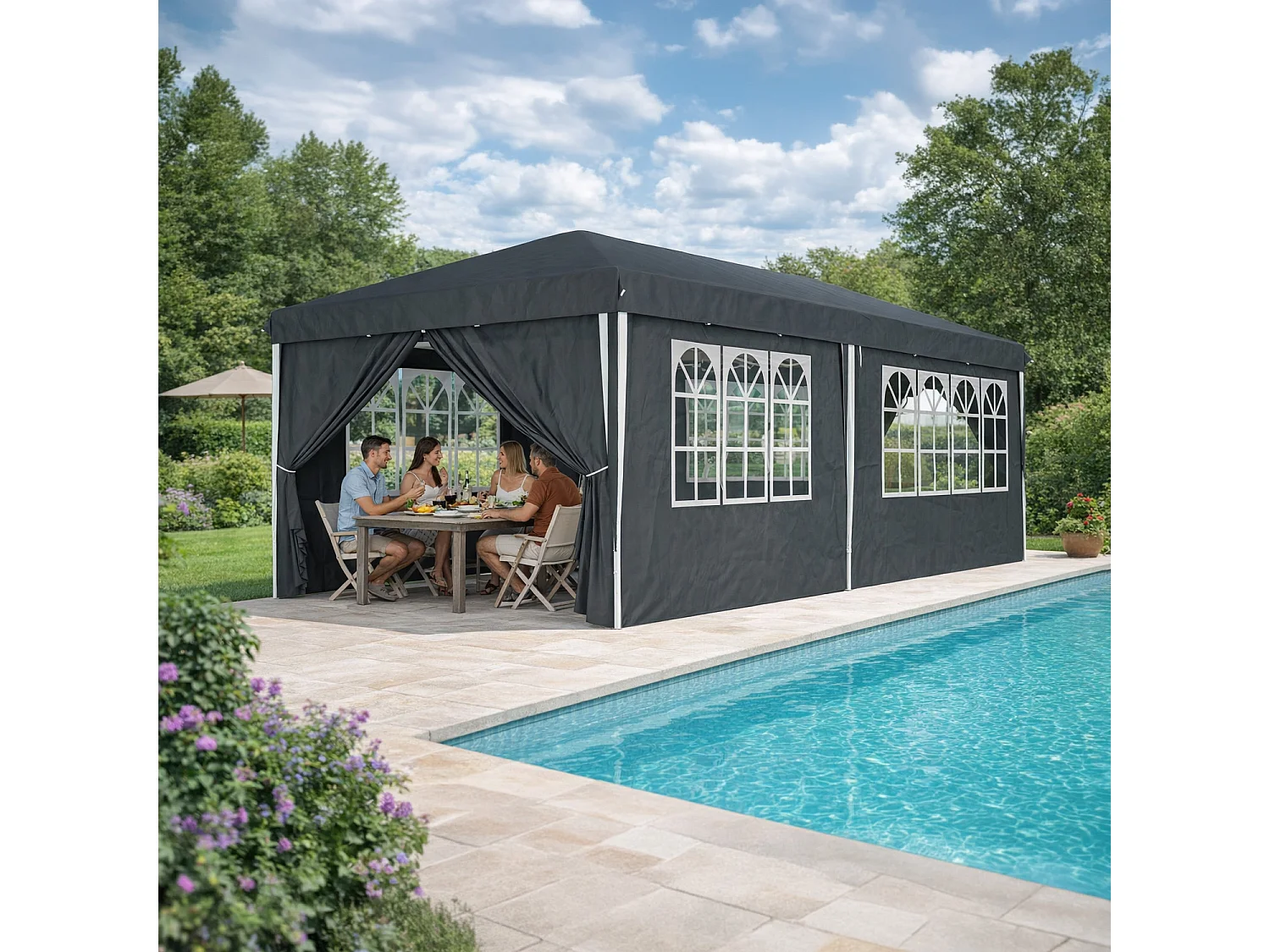 Gazebo Professionale Impermeabile Con Struttura In Metallo Pareti Laterali Porte E Finestre Removibili Altezza Regolabile Per Eventi All Aperto Nero 3x6 Metri