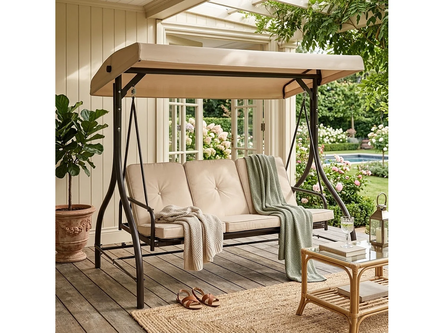 Dondolo Da Patio 3 Posti Con Tettuccio Ombreggiante Seduta Relax Reclinabile Convertibile In Letto Struttura In Acciaio Beige 195 X 120 X 175 Cm