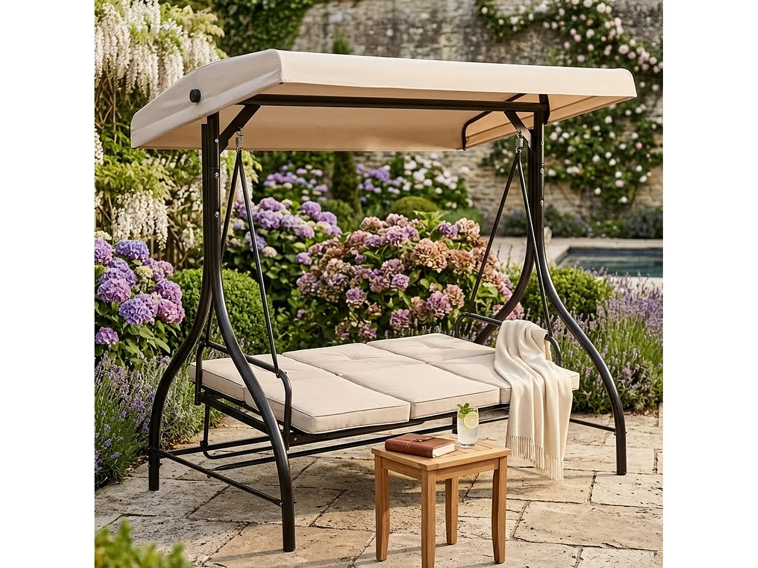 Dondolo Da Patio 3 Posti Con Tettuccio Ombreggiante Seduta Relax Reclinabile Convertibile In Letto Struttura In Acciaio Beige 195 X 120 X 175 Cm