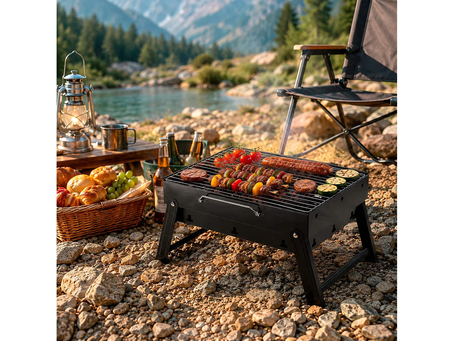 Barbecue A Carbone Portatile Compatto Pieghevole BBQ Griglia Acciaio Resistente Maniglia Trasporto Ventilazione Campeggio Picnic Giardino 45.5 x 29.5 x 23 Cm Nero