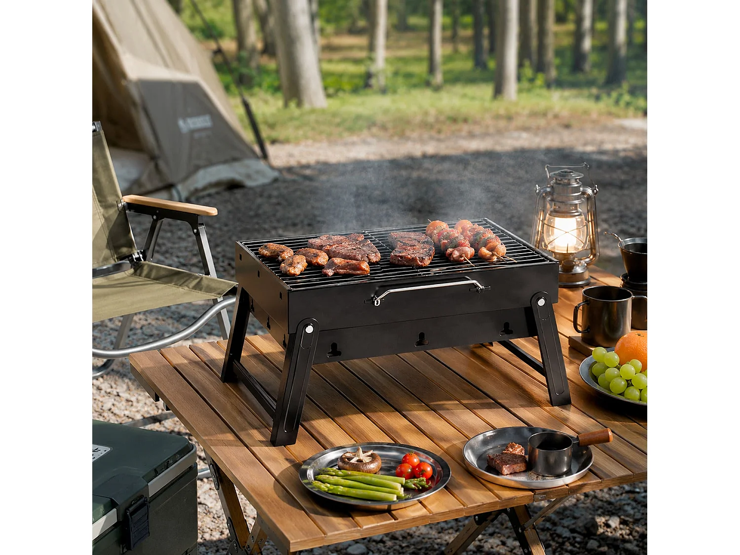 Barbecue A Carbone Portatile Compatto Pieghevole BBQ Griglia Acciaio Resistente Maniglia Trasporto Ventilazione Campeggio Picnic Giardino 45.5 x 29.5 x 23 Cm Nero