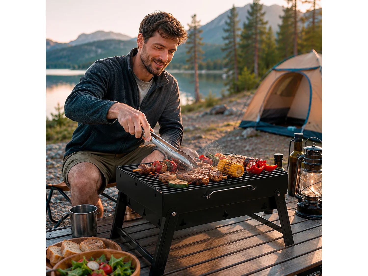 Barbecue A Carbone Portatile Compatto Pieghevole BBQ Griglia Acciaio Resistente Maniglia Trasporto Ventilazione Campeggio Picnic Giardino 45.5 x 29.5 x 23 Cm Nero