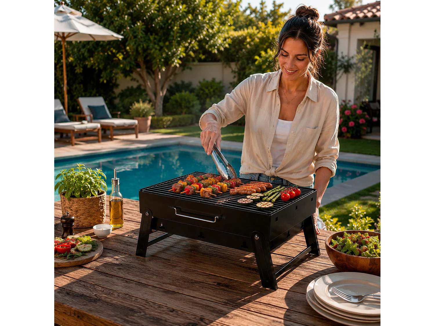 Barbecue A Carbone Portatile Compatto Pieghevole BBQ Griglia Acciaio Resistente Maniglia Trasporto Ventilazione Campeggio Picnic Giardino 45.5 x 29.5 x 23 Cm Nero