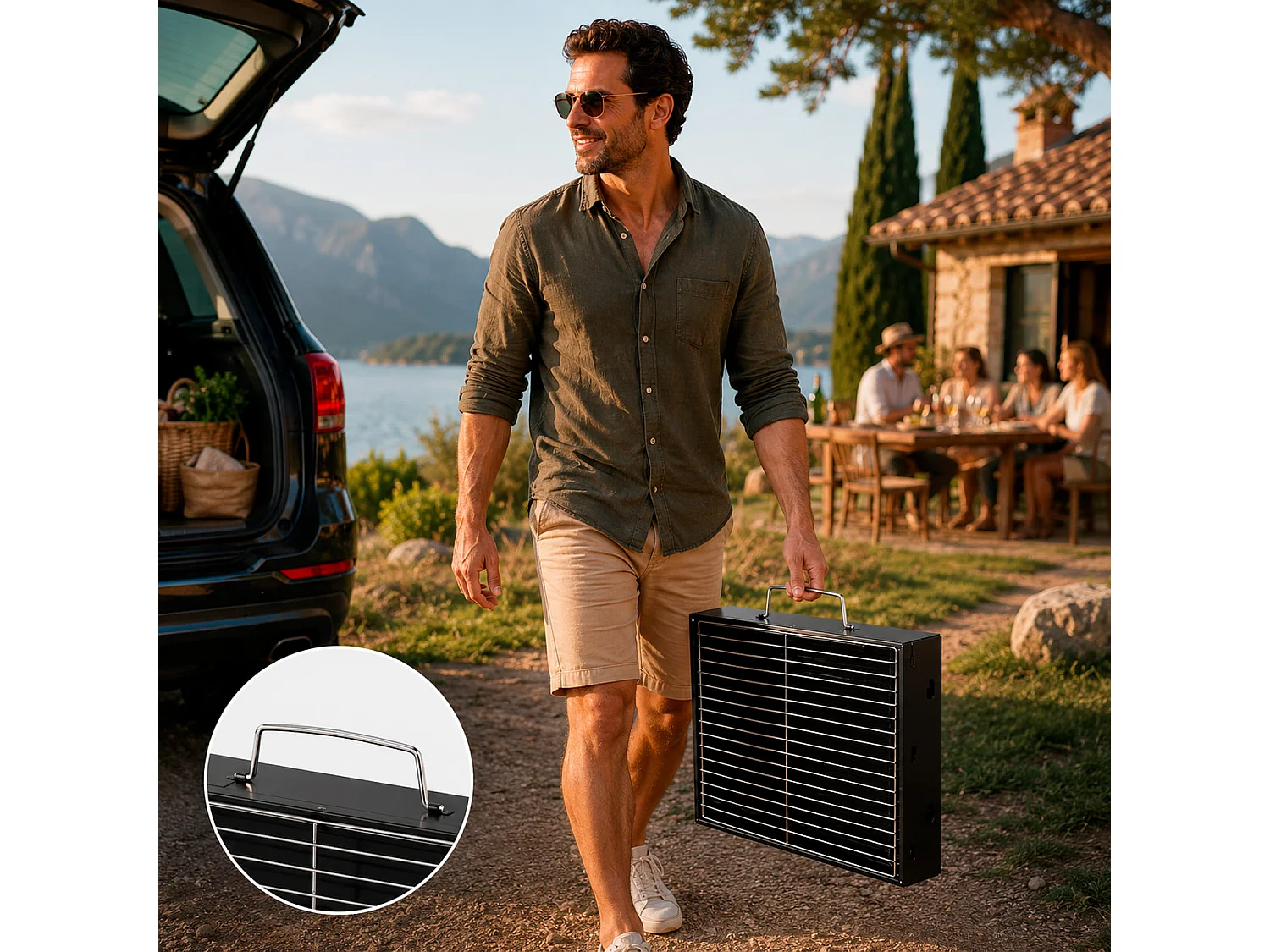 Barbecue A Carbone Portatile Compatto Pieghevole BBQ Griglia Acciaio Resistente Maniglia Trasporto Ventilazione Campeggio Picnic Giardino 45.5 x 29.5 x 23 Cm Nero