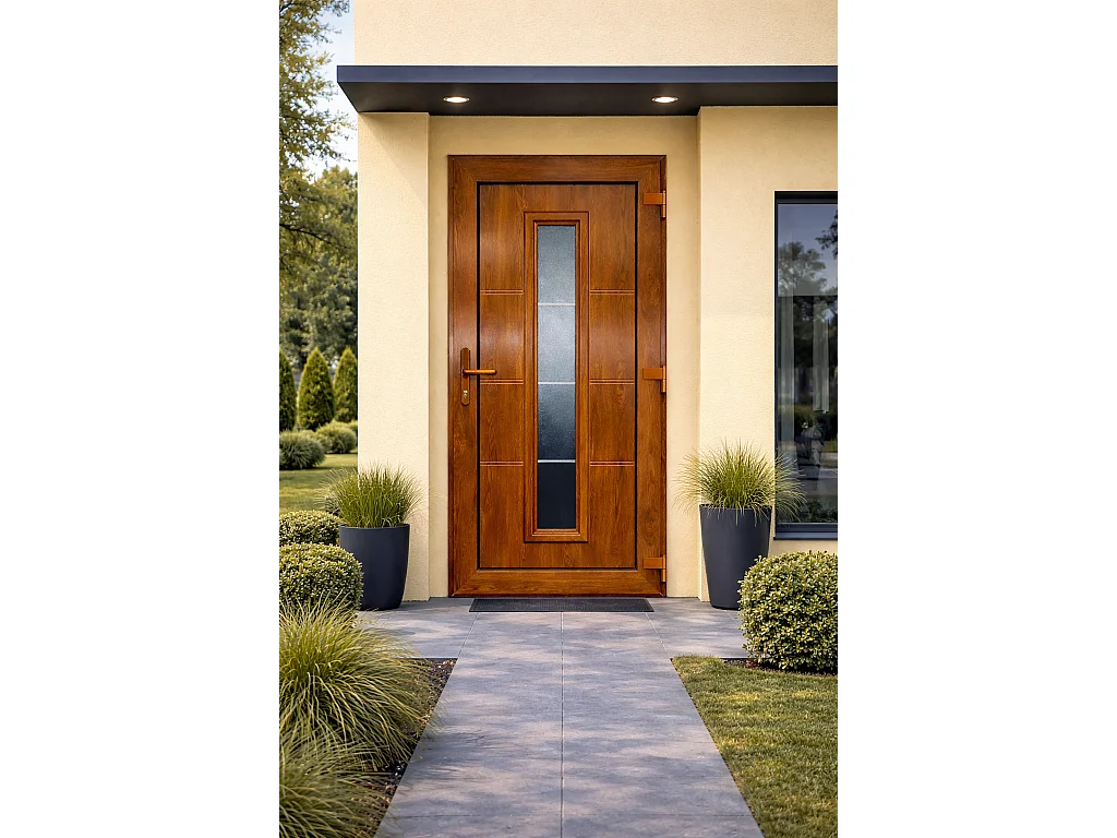 PVC Golden Oak Eingangstür 900 x 2100 - Isoliertes Panel 24mm, 5 Kammern Links/Rechts Öffnung