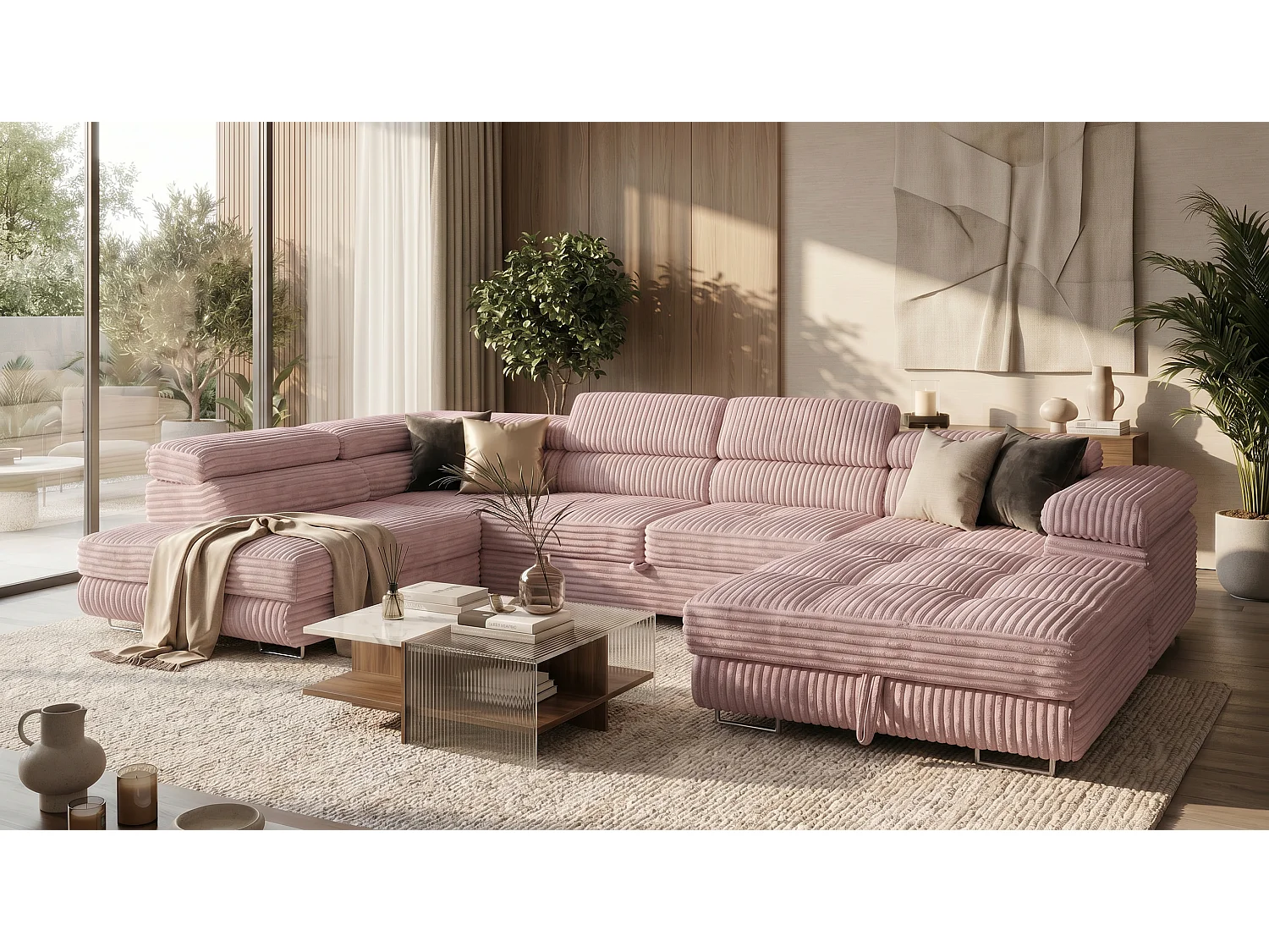 Wohnlandschaft mit Schlaffunktion und 2 Bettkästen altrosa 345 cm - Cordo U