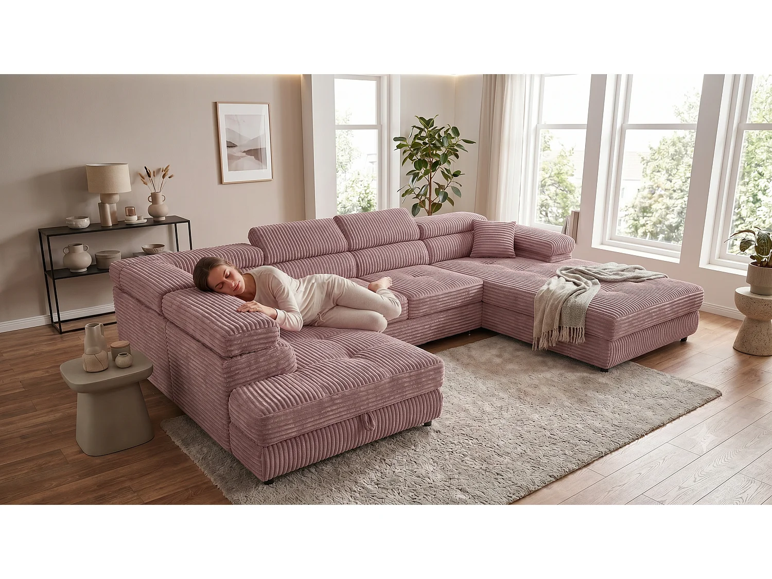 Wohnlandschaft mit Schlaffunktion und 2 Bettkästen altrosa 345 cm - Cordo U