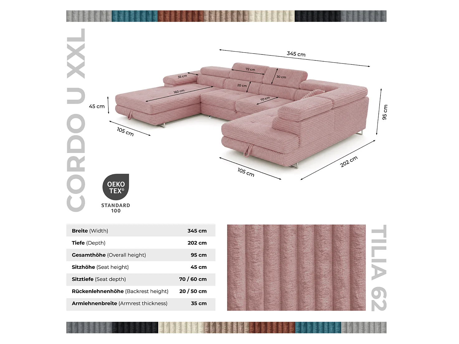 Canapé d'angle convertible 7 places en tissu rose CORDO