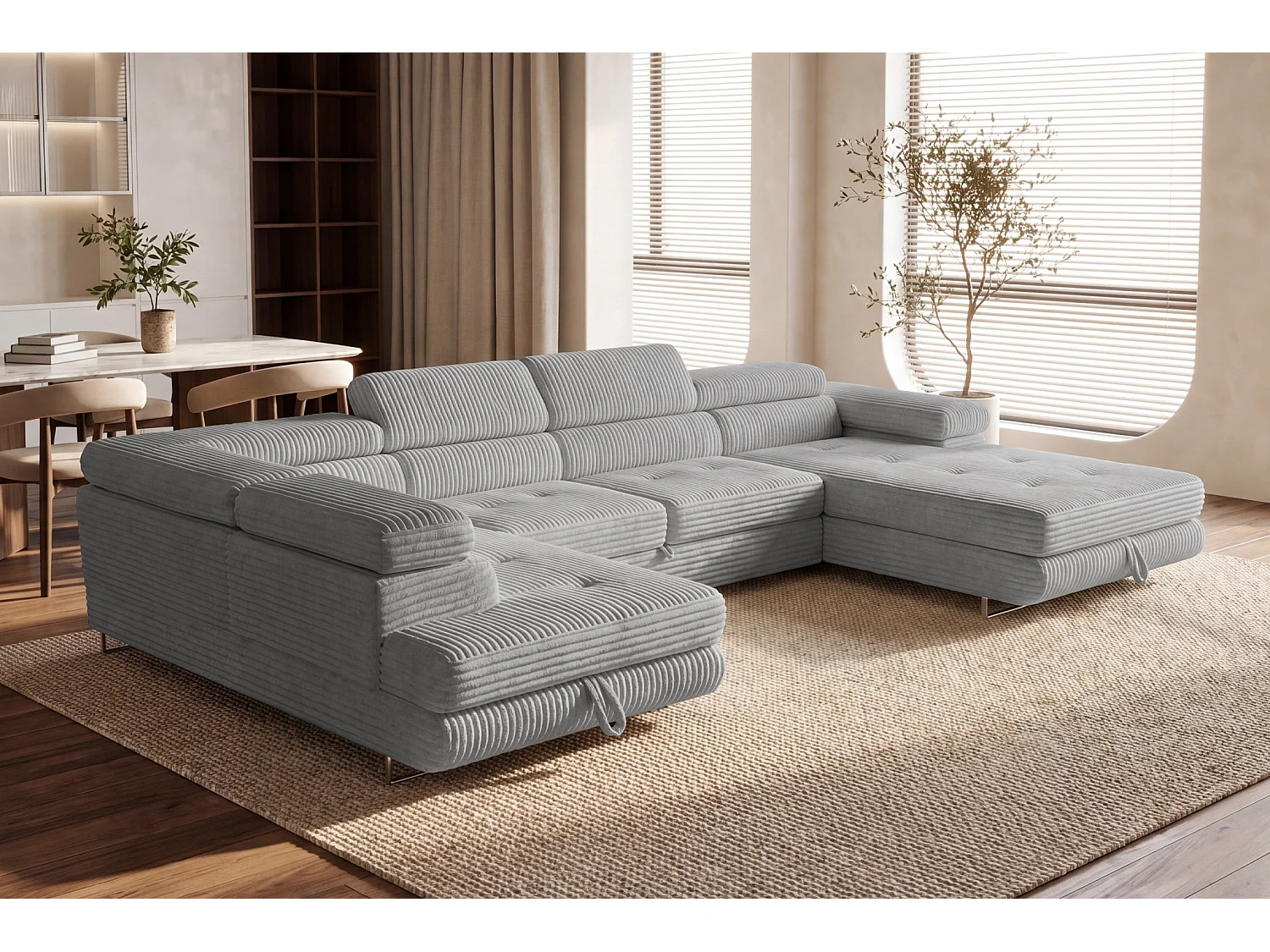 Wohnlandschaft mit Schlaffunktion und 2 Bettkästen hellgrau 345 cm - Cordo U