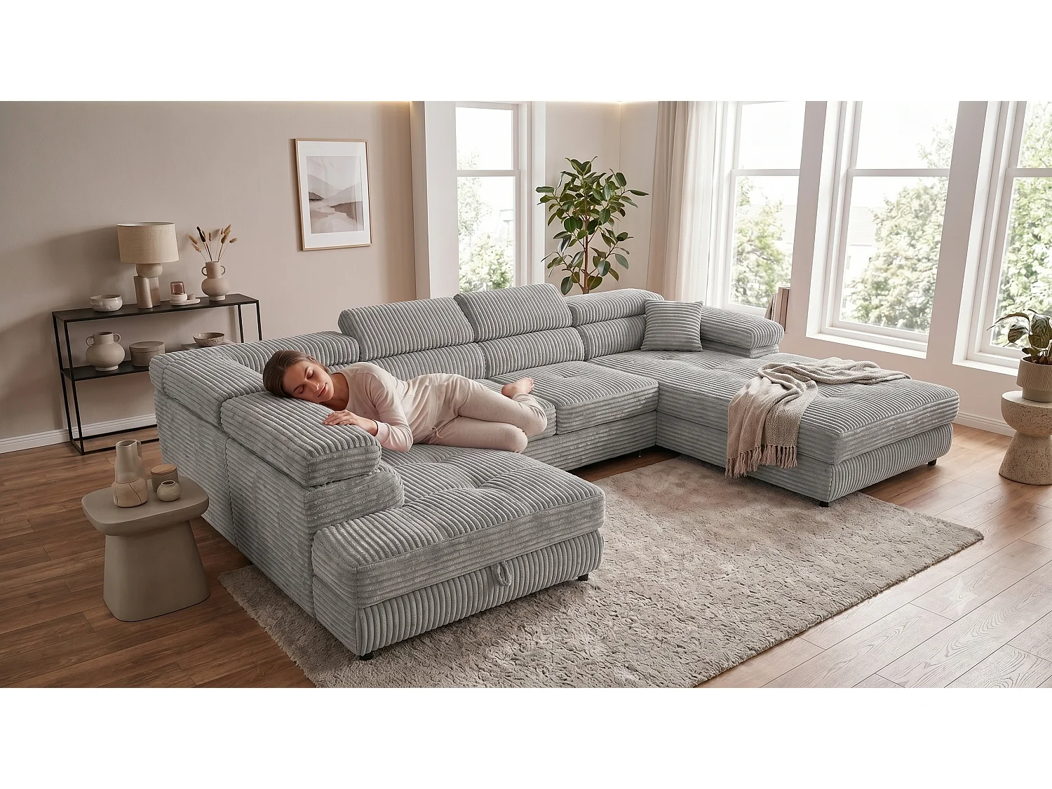Wohnlandschaft mit Schlaffunktion und 2 Bettkästen hellgrau 345 cm - Cordo U