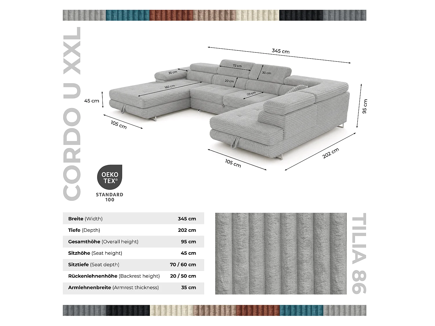Wohnlandschaft mit Schlaffunktion und 2 Bettkästen hellgrau 345 cm - Cordo U