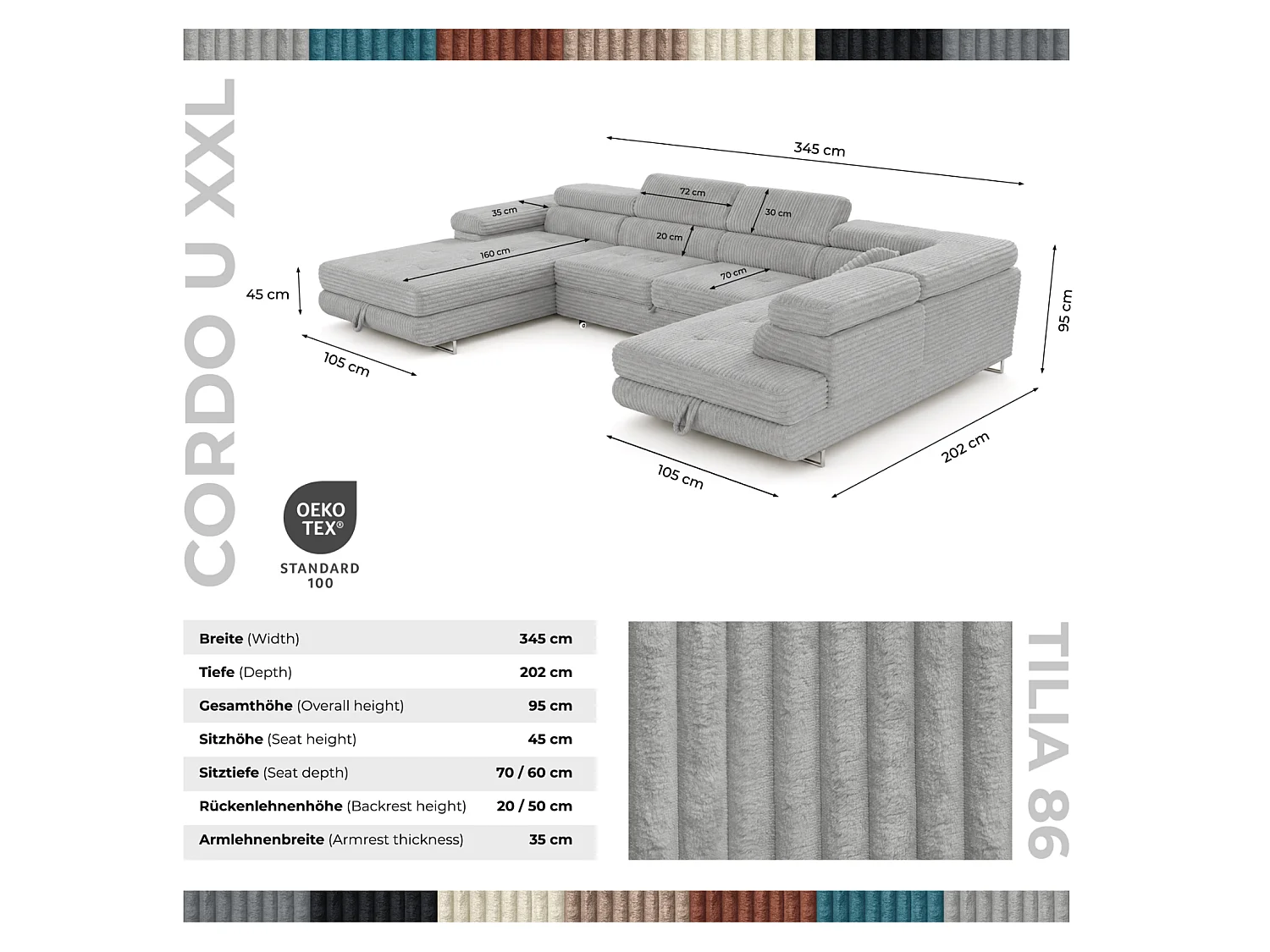 Canapé d'angle convertible 7 places avec rangement en tissu gris clair CORDO