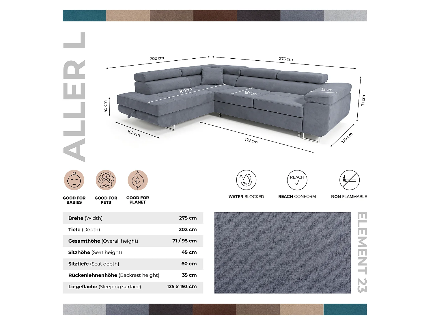 Ecksofa L-Form links mit Schlaffunktion grau 272 cm - Luca