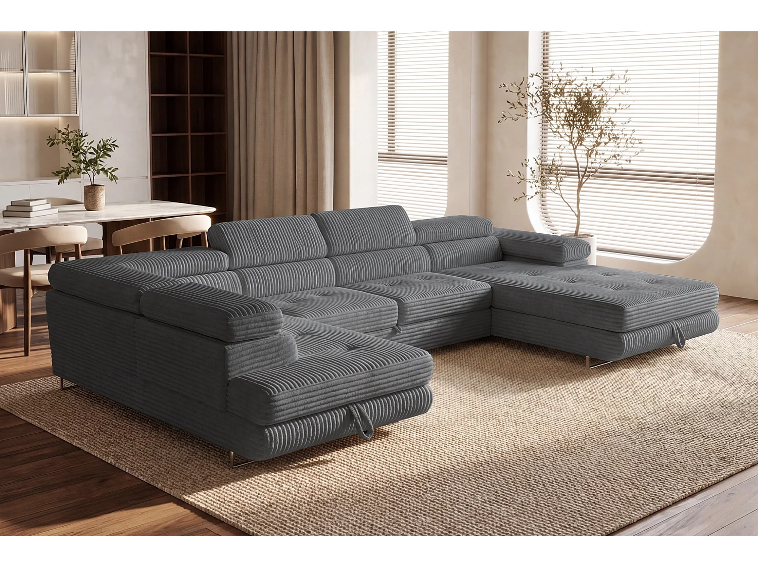 Wohnlandschaft mit Schlaffunktion und 2 Bettkästen grau 345 cm - Cordo U