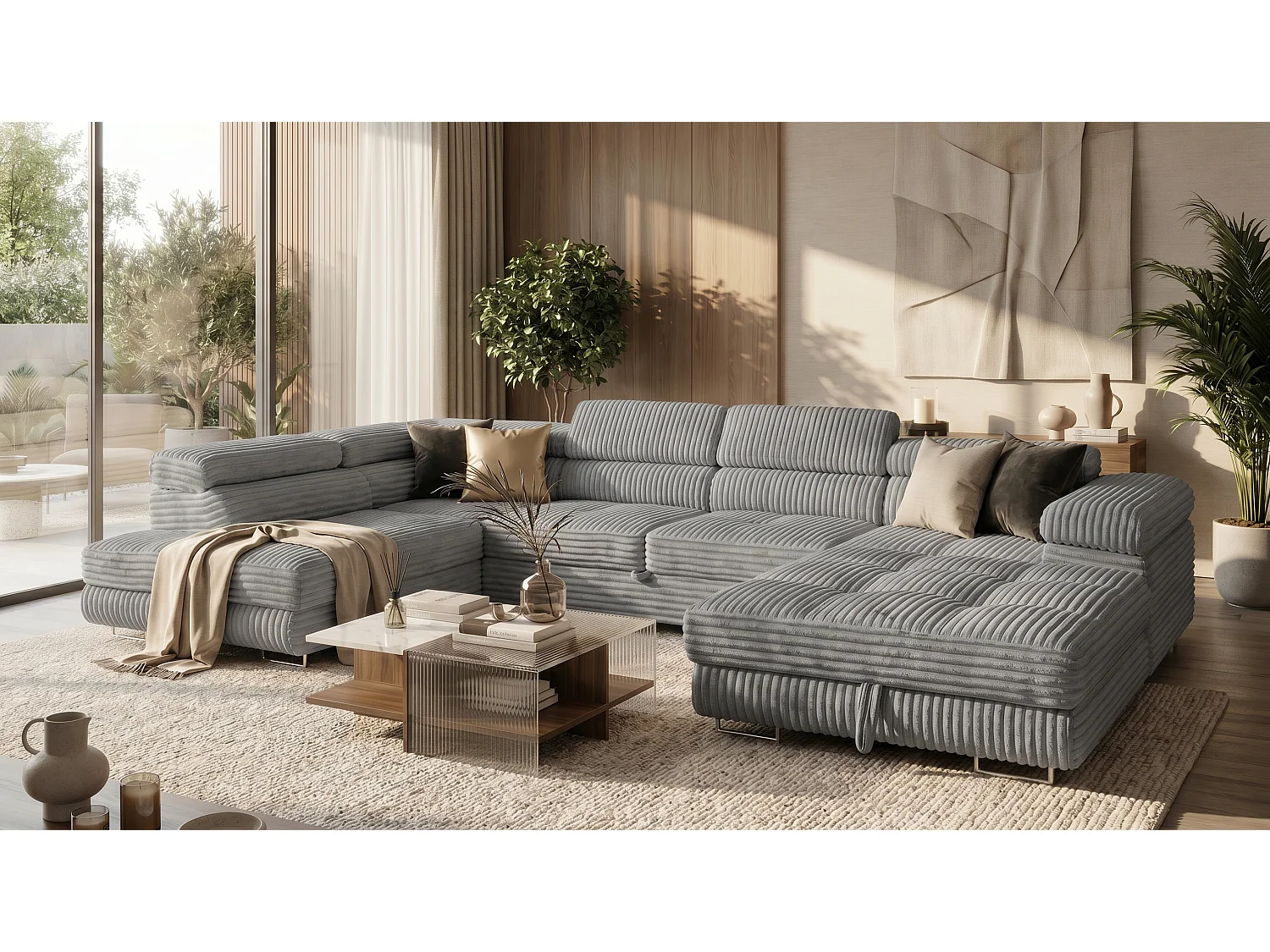 Wohnlandschaft mit Schlaffunktion und 2 Bettkästen grau 345 cm - Cordo U