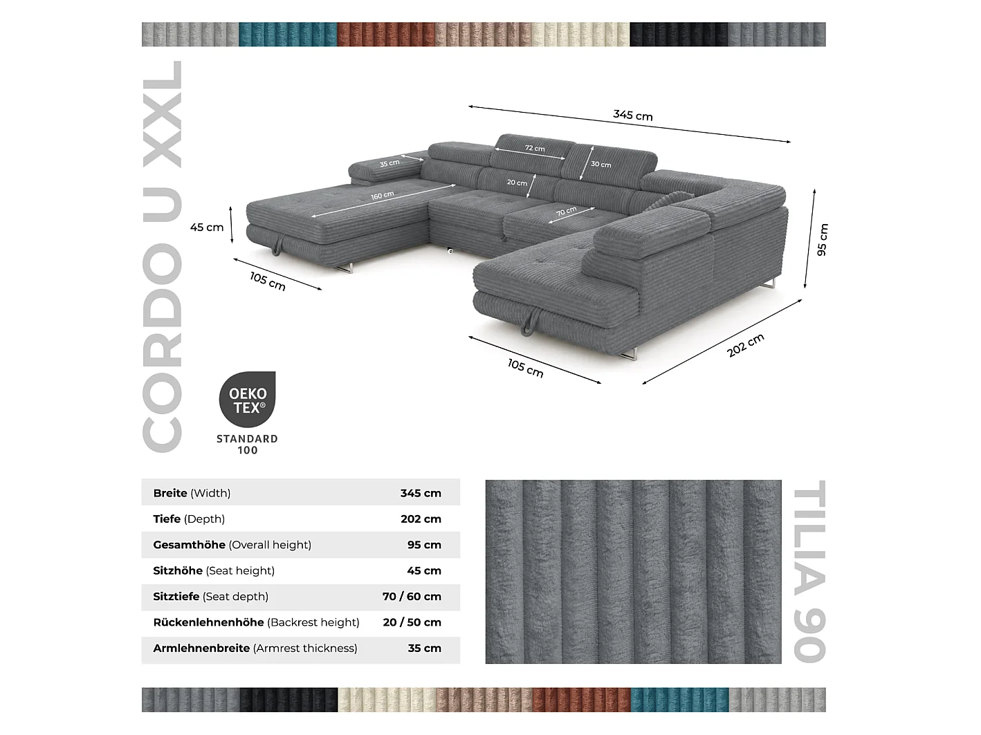 Wohnlandschaft mit Schlaffunktion und 2 Bettkästen grau 345 cm - Cordo U