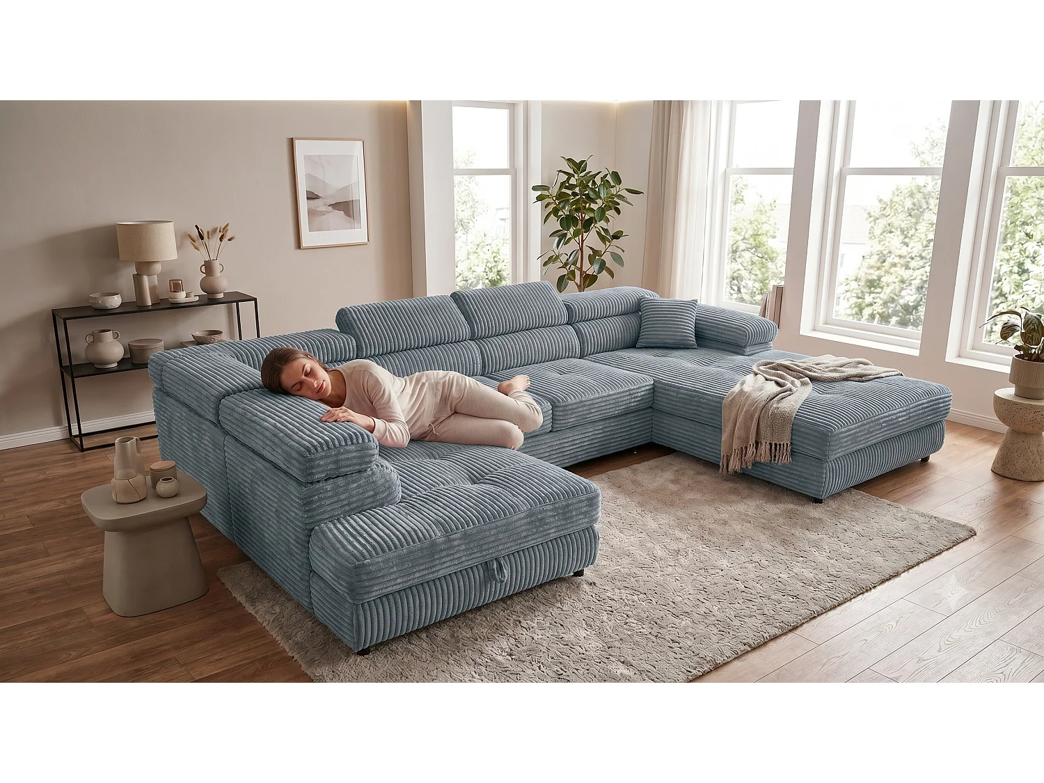 Wohnlandschaft mit Schlaffunktion und 2 Bettkästen grau 345 cm - Cordo U