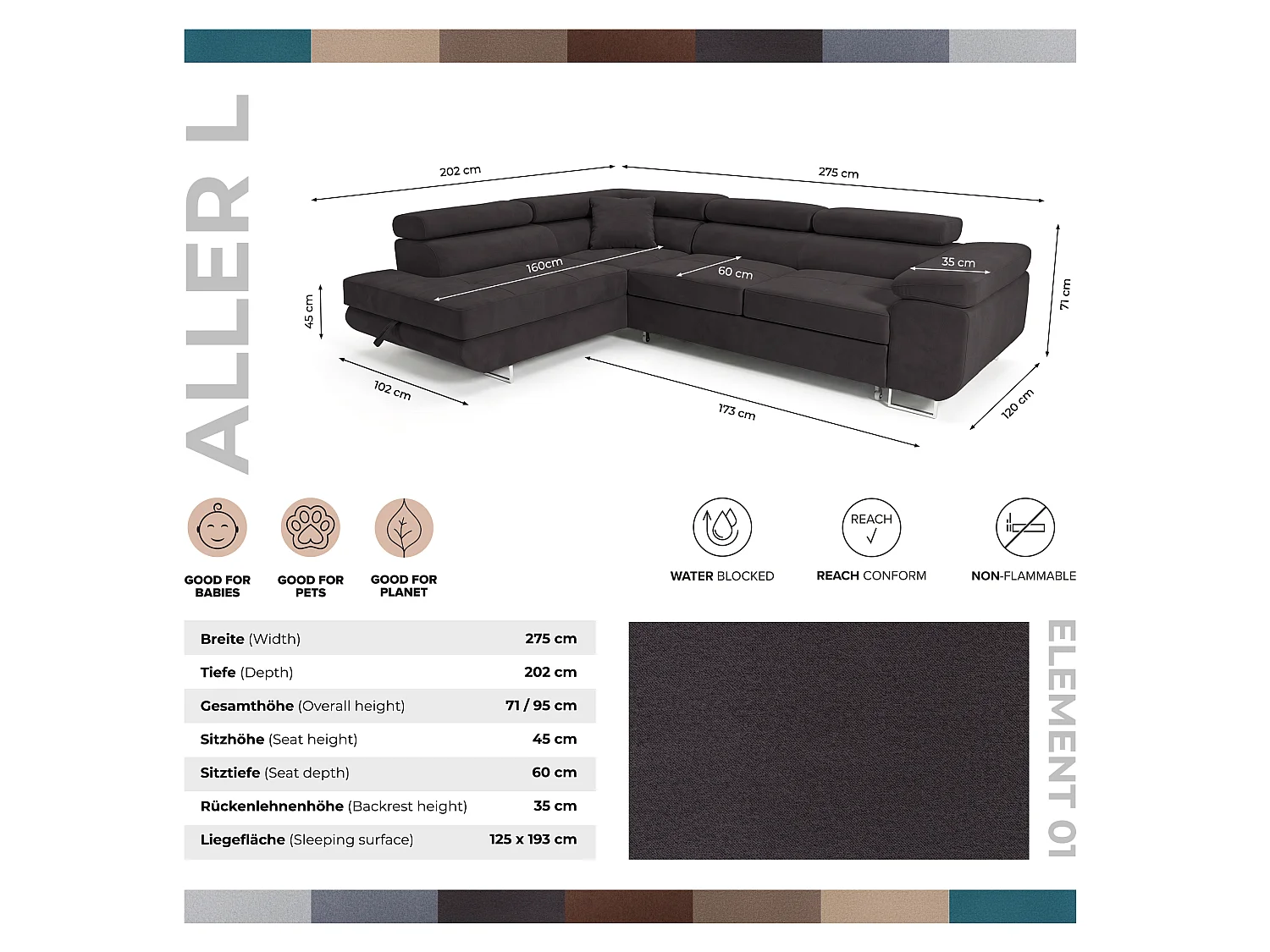 Ecksofa L-Form rechts mit Schlaffunktion graphit 272 cm - Luca