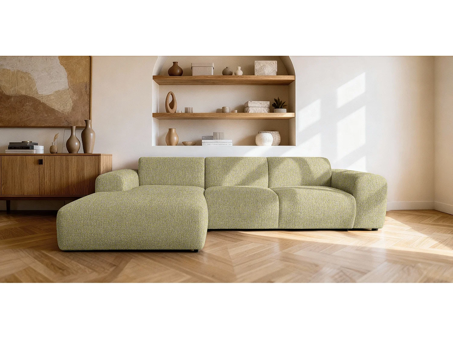 Canapé d'angle gauche en tissu bouclé jaune moutarde 310 cm - GIN