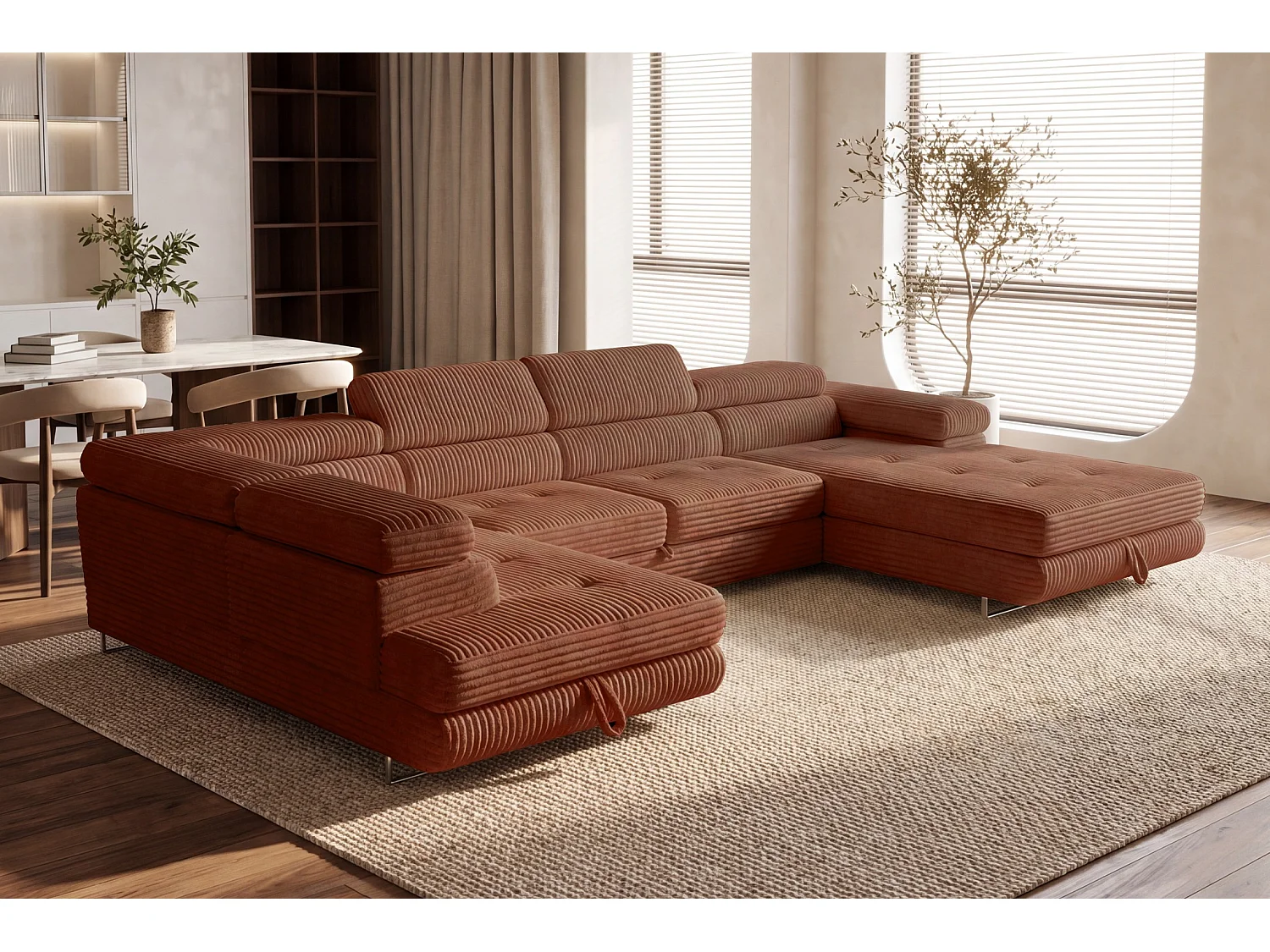 Wohnlandschaft mit Schlaffunktion und 2 Bettkästen terrakotta 345 cm - Cordo U