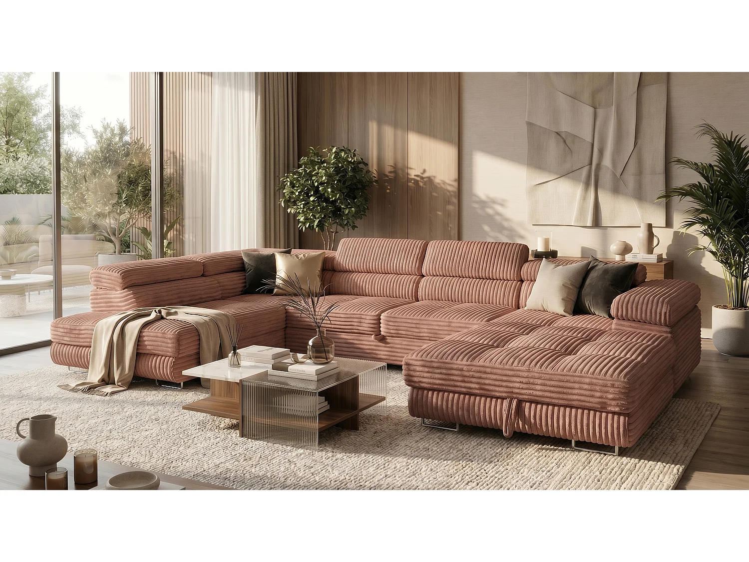 Wohnlandschaft mit Schlaffunktion und 2 Bettkästen terrakotta 345 cm - Cordo U