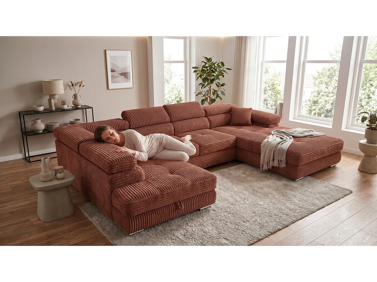 Wohnlandschaft mit Schlaffunktion und 2 Bettkästen terrakotta 345 cm - Cordo U