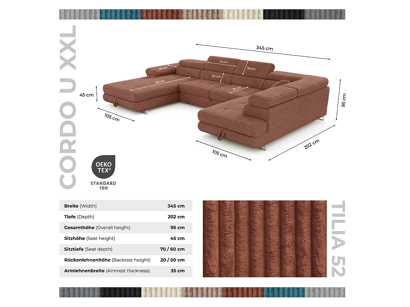 Canapé d'angle convertible 7 places avec coffre en tissu terracotta CORDO