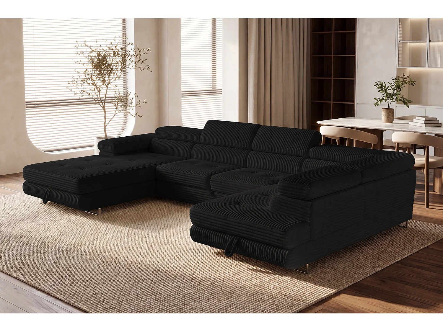 Wohnlandschaft mit Schlaffunktion und 2 Bettkästen schwarz 345 cm - Cordo U