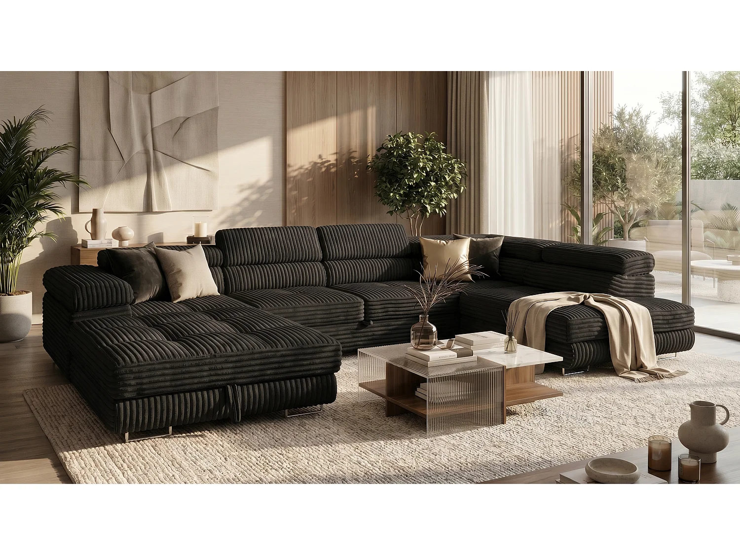 Wohnlandschaft mit Schlaffunktion und 2 Bettkästen schwarz 345 cm - Cordo U