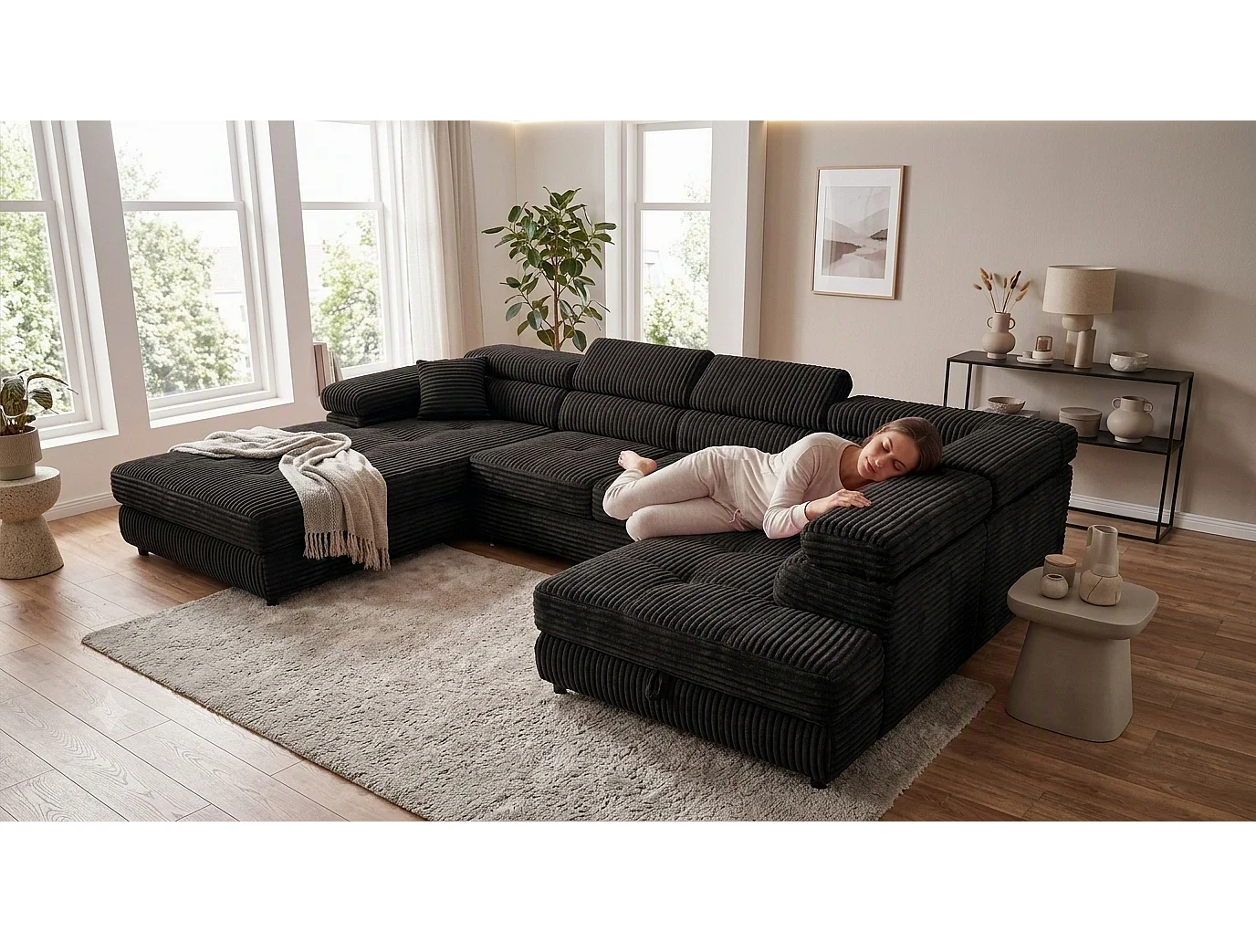 Wohnlandschaft mit Schlaffunktion und 2 Bettkästen schwarz 345 cm - Cordo U