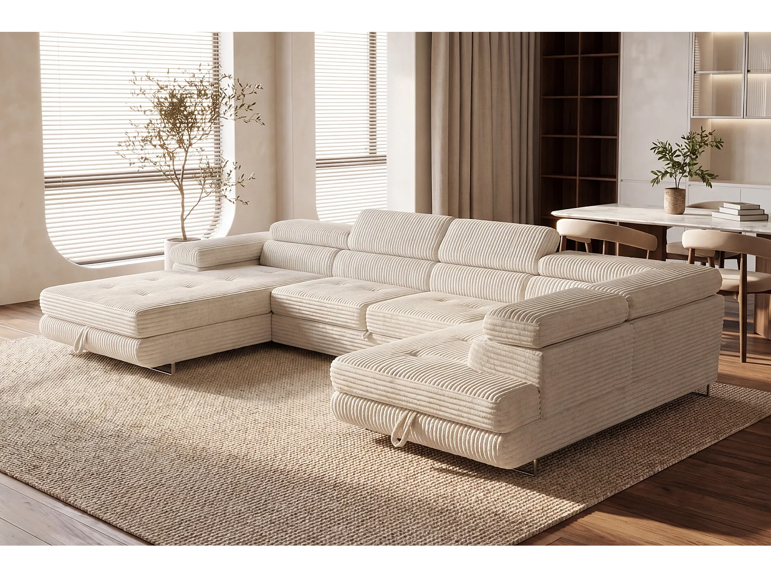 Wohnlandschaft mit Schlaffunktion und 2 Bettkästen cremeweiß 345 cm - Cordo U
