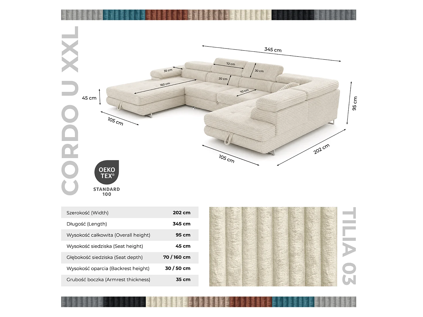 Wohnlandschaft mit Schlaffunktion und 2 Bettkästen cremeweiß 345 cm - Cordo U