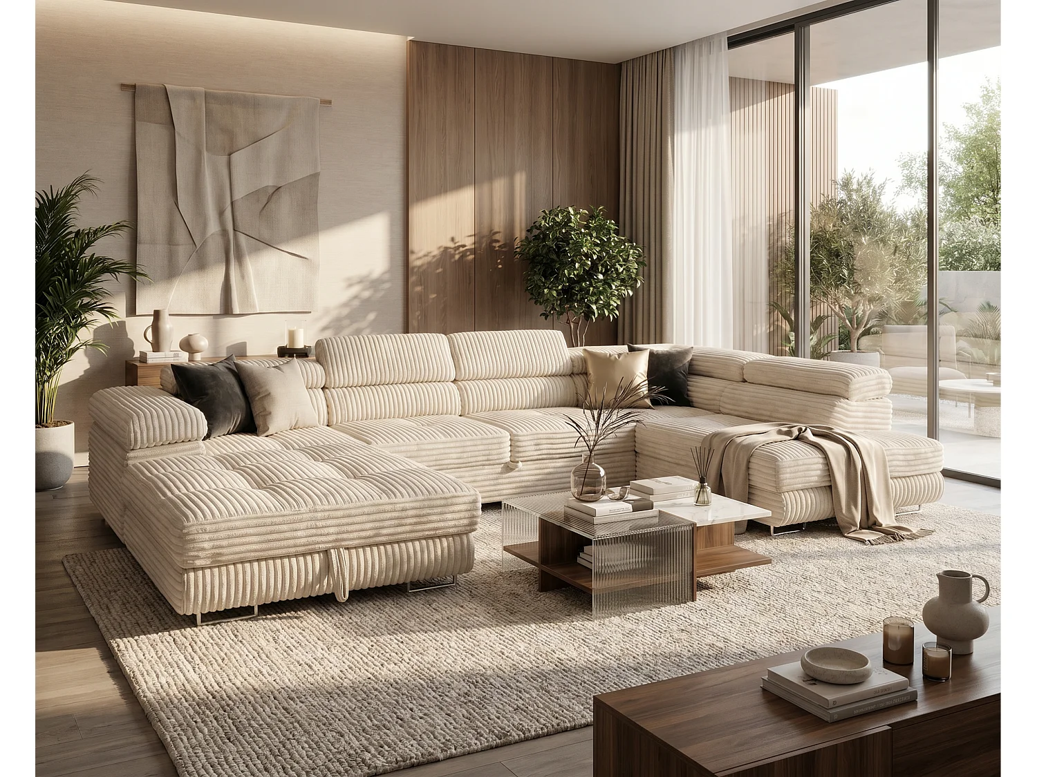 Wohnlandschaft mit Schlaffunktion und 2 Bettkästen cremeweiß 345 cm - Cordo U