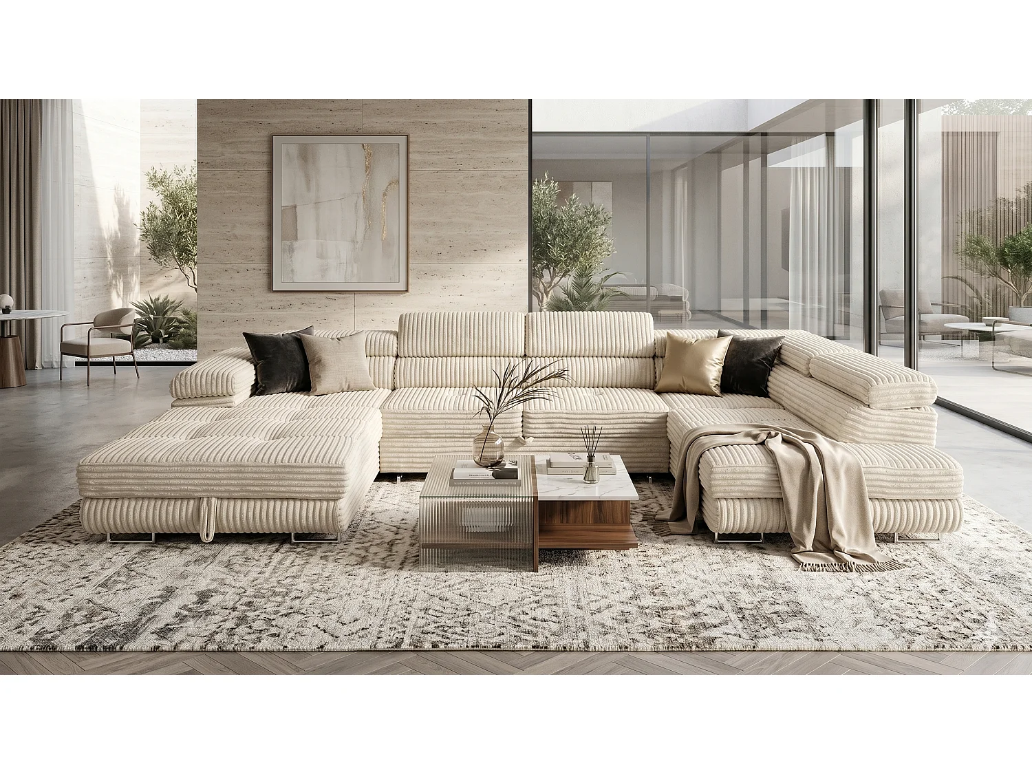 Wohnlandschaft mit Schlaffunktion und 2 Bettkästen cremeweiß 345 cm - Cordo U