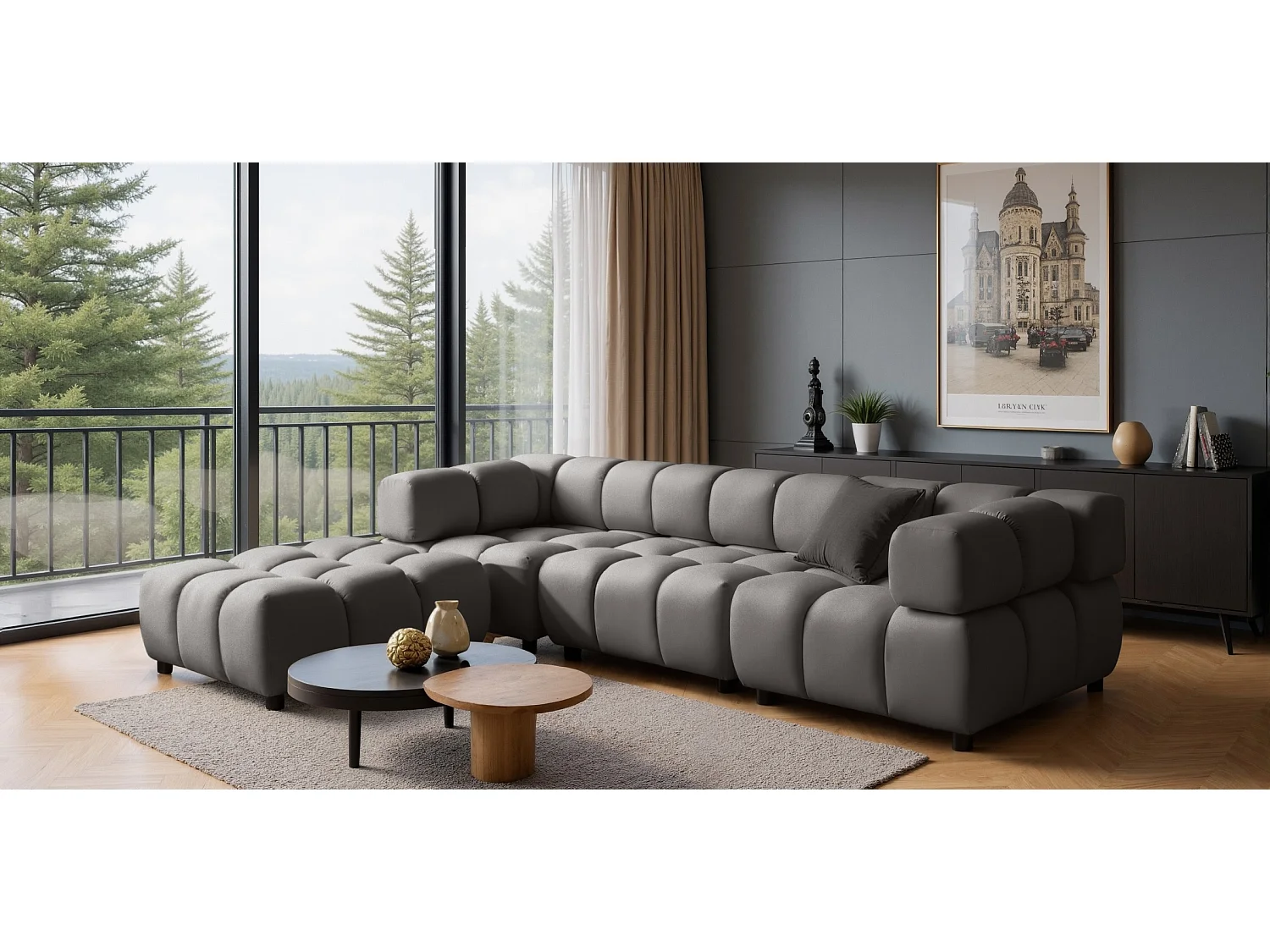 Canapé d'angle capitonné réversible en velours gris 288 cm - TONDO