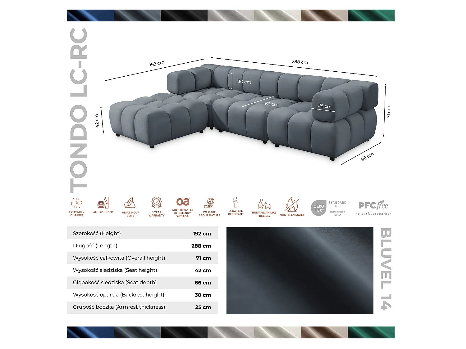 Canapé d'angle capitonné réversible en velours gris 288 cm - TONDO