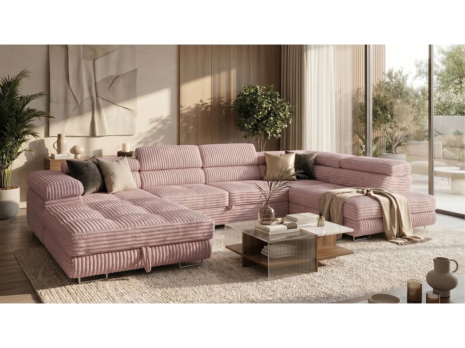 Wohnlandschaft mit Schlaffunktion und 2 Bettkästen altrosa 345 cm - Cordo U