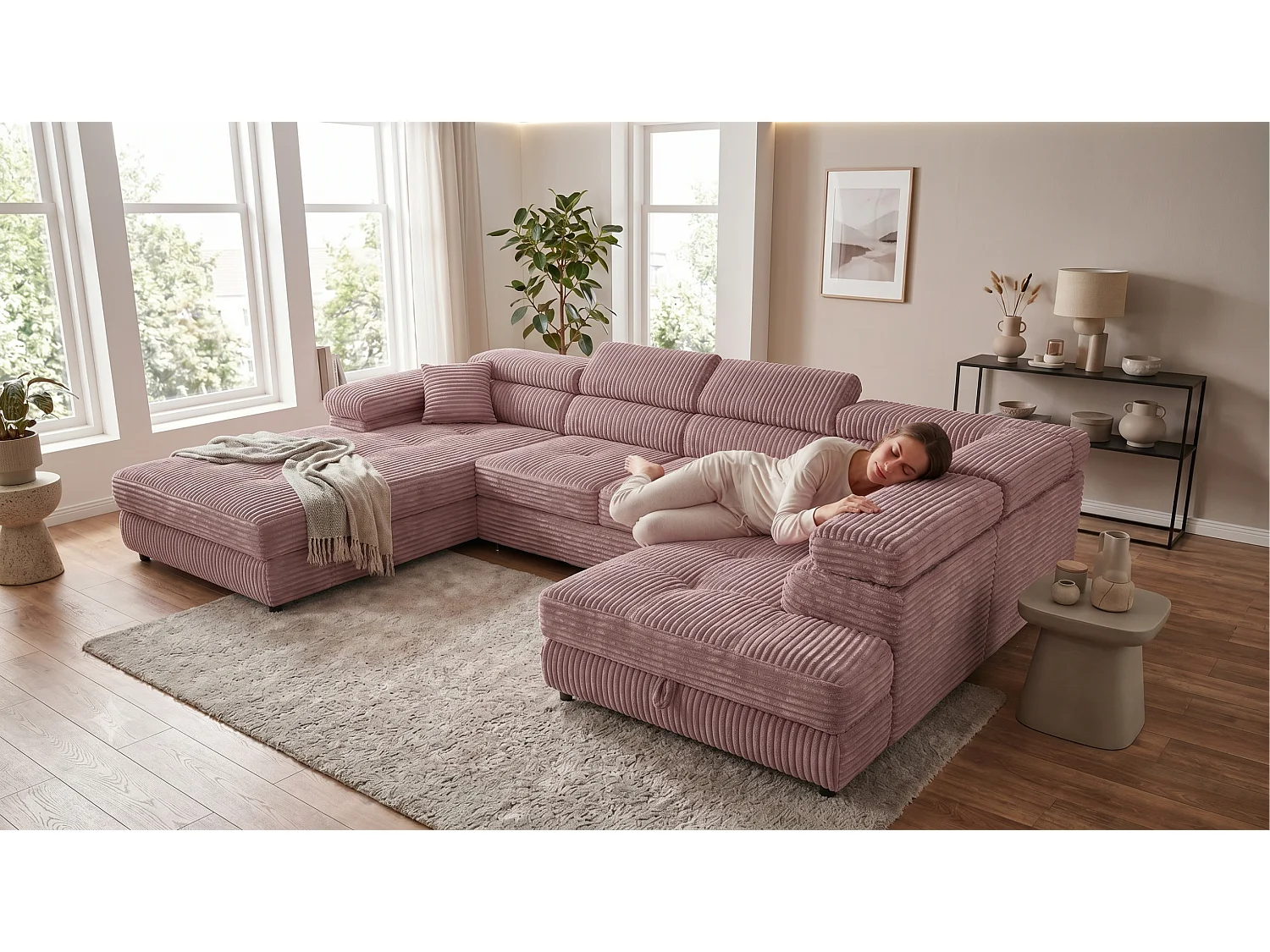 Wohnlandschaft mit Schlaffunktion und 2 Bettkästen altrosa 345 cm - Cordo U
