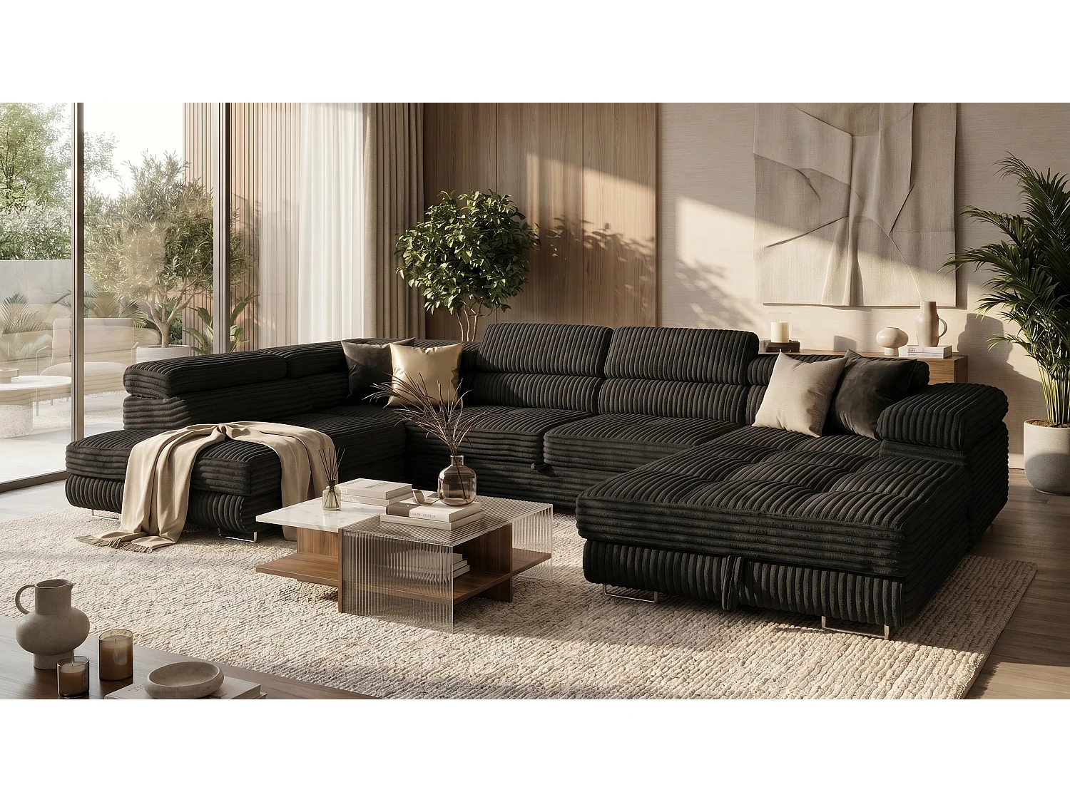 Wohnlandschaft mit Schlaffunktion und 2 Bettkästen schwarz 345 cm - Cordo U