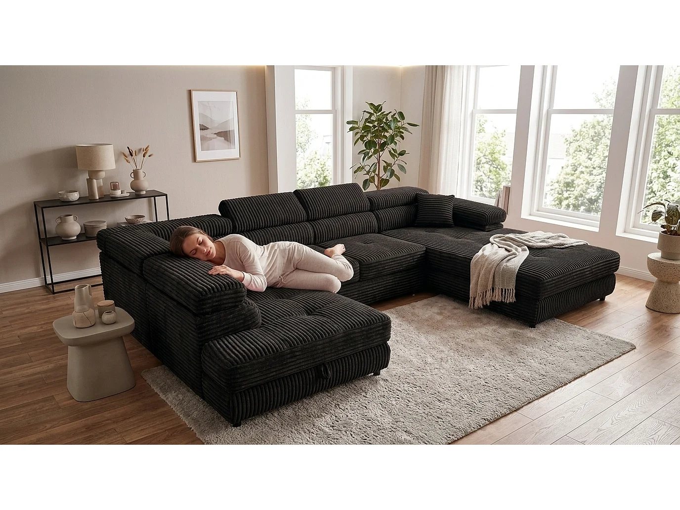 Wohnlandschaft mit Schlaffunktion und 2 Bettkästen schwarz 345 cm - Cordo U