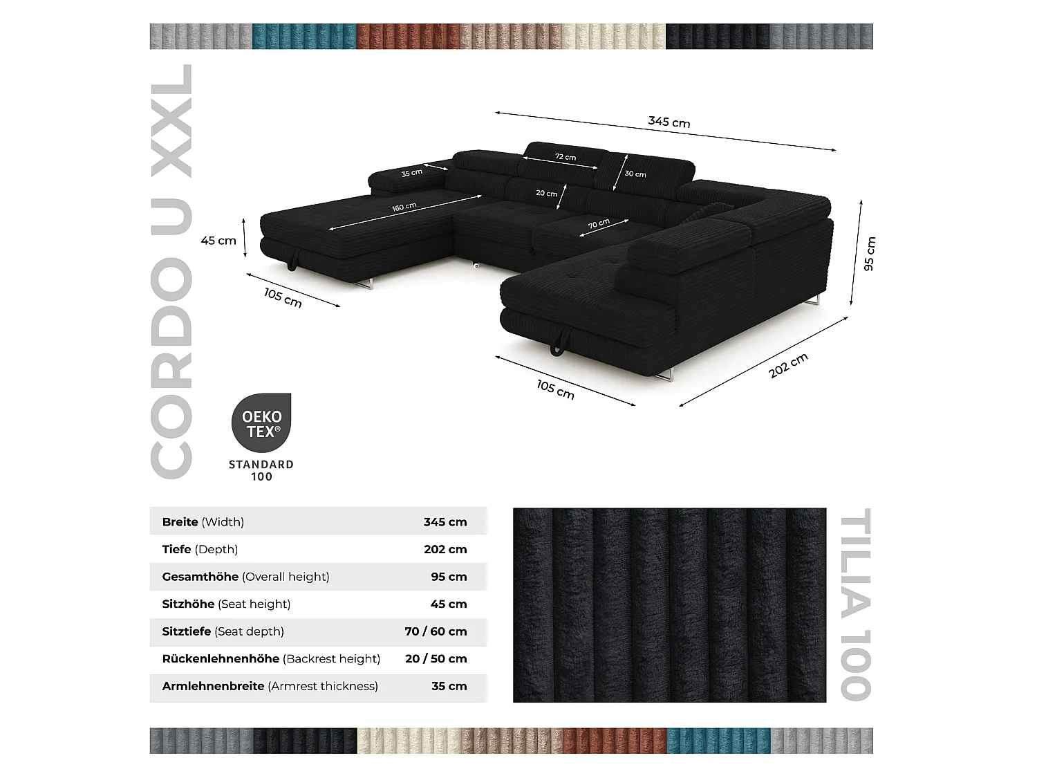 Wohnlandschaft mit Schlaffunktion und 2 Bettkästen schwarz 345 cm - Cordo U