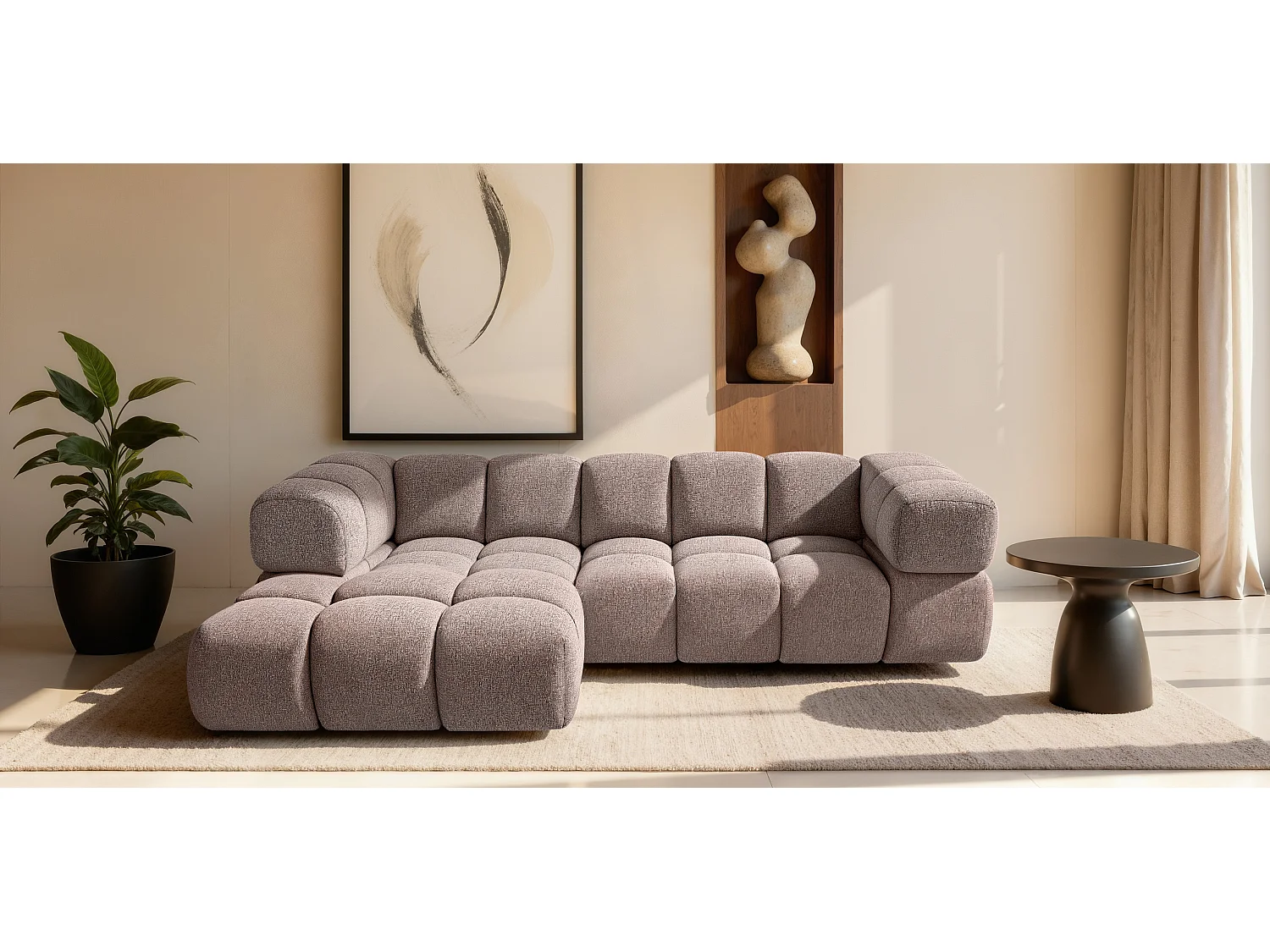 Canapé d'angle gauche capitonné en tissu bouclé rose poudré 280 cm - AVERRO