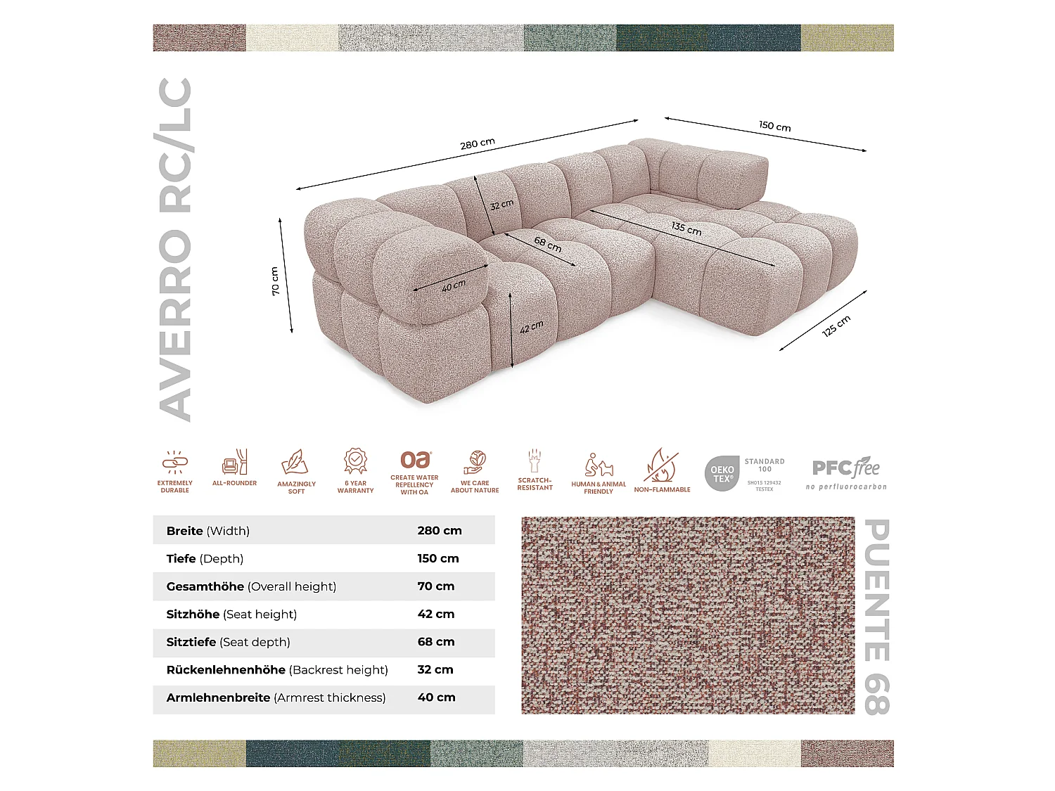 Canapé d'angle gauche capitonné en tissu bouclé rose poudré 280 cm - AVERRO