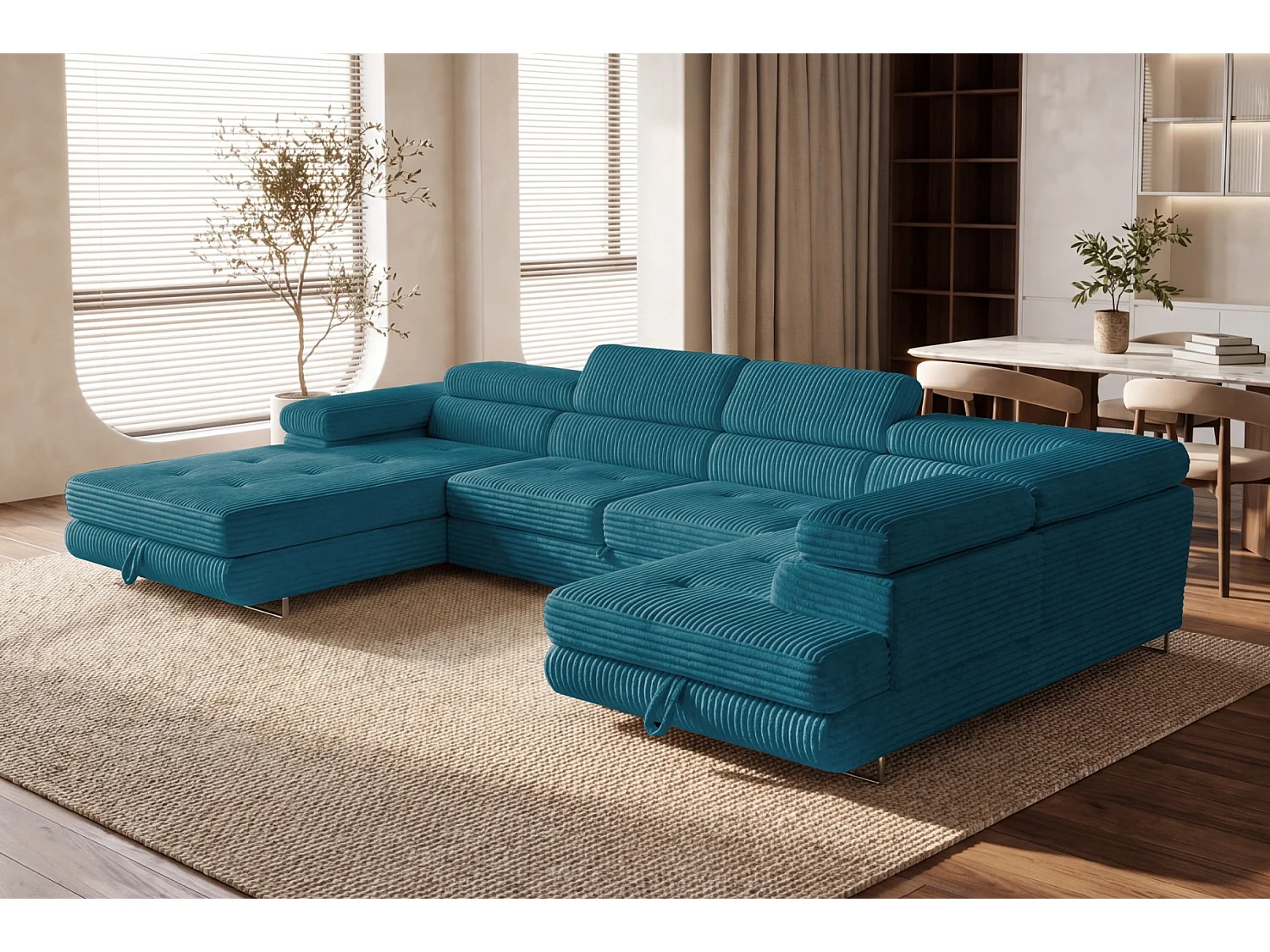 Wohnlandschaft mit Schlaffunktion und 2 Bettkästen türkis 345 cm - Cordo U