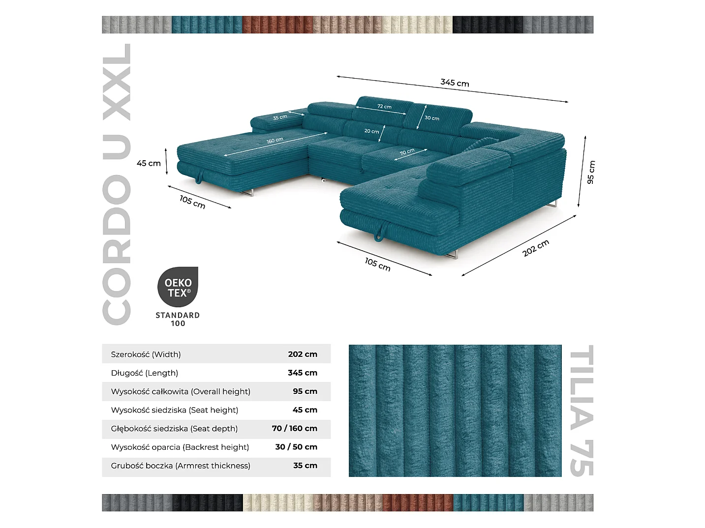 Wohnlandschaft mit Schlaffunktion und 2 Bettkästen türkis 345 cm - Cordo U