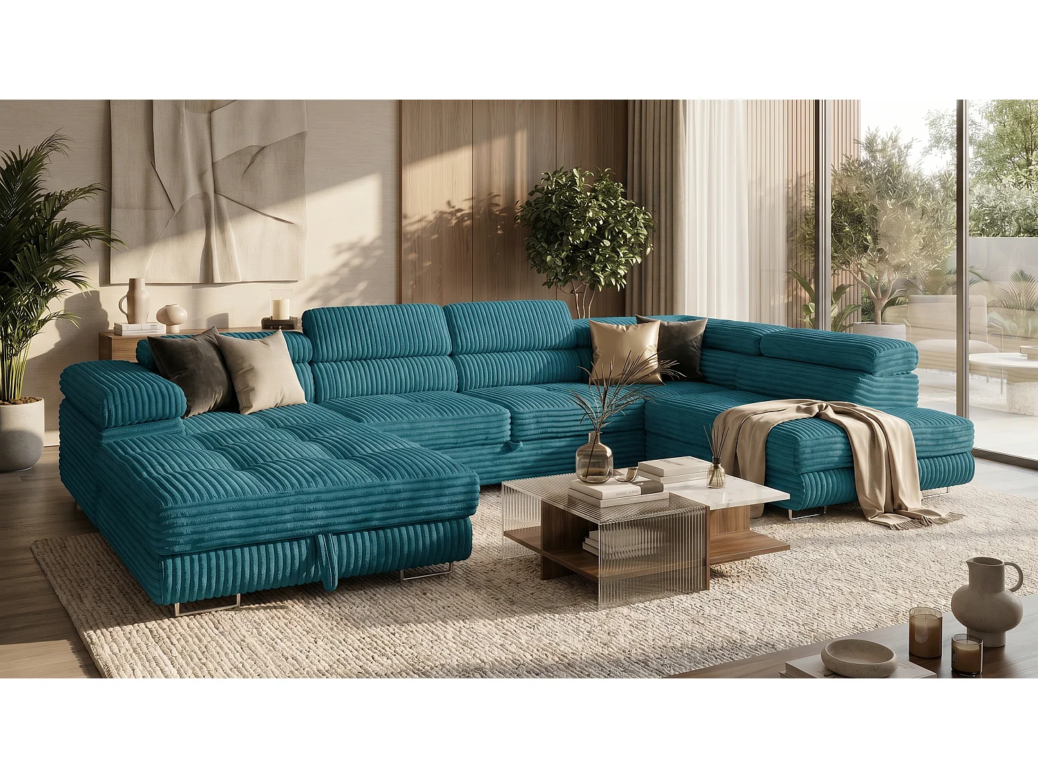 Wohnlandschaft mit Schlaffunktion und 2 Bettkästen türkis 345 cm - Cordo U