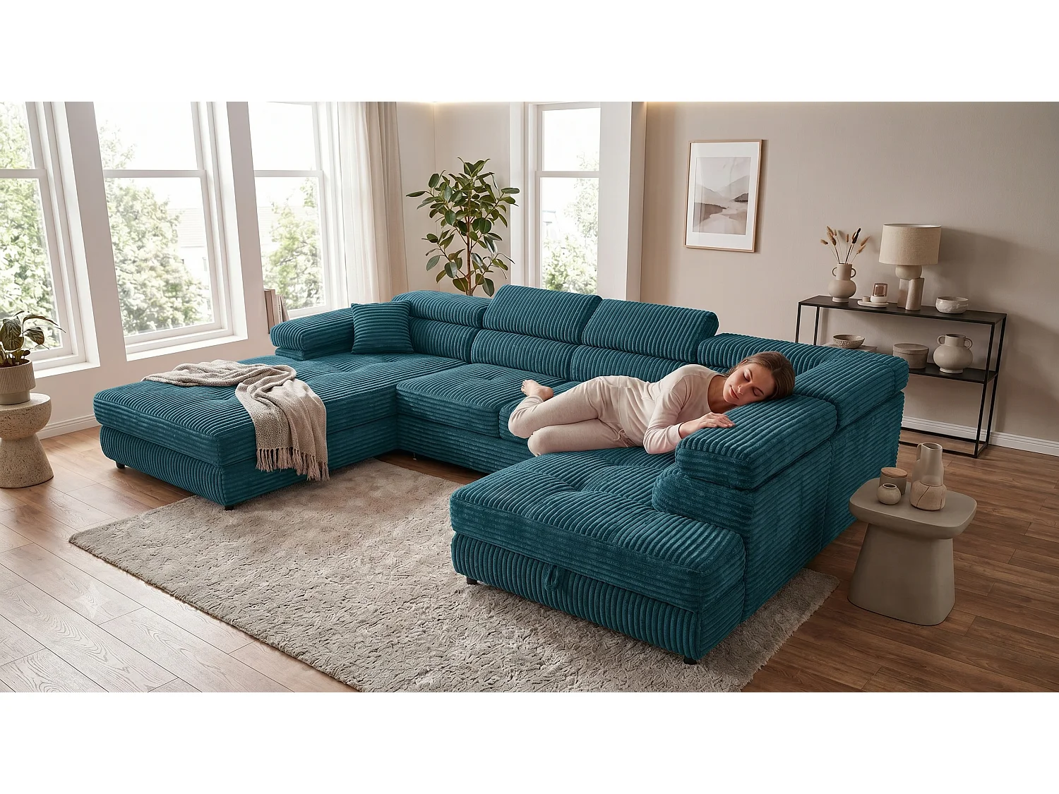 Wohnlandschaft mit Schlaffunktion und 2 Bettkästen türkis 345 cm - Cordo U