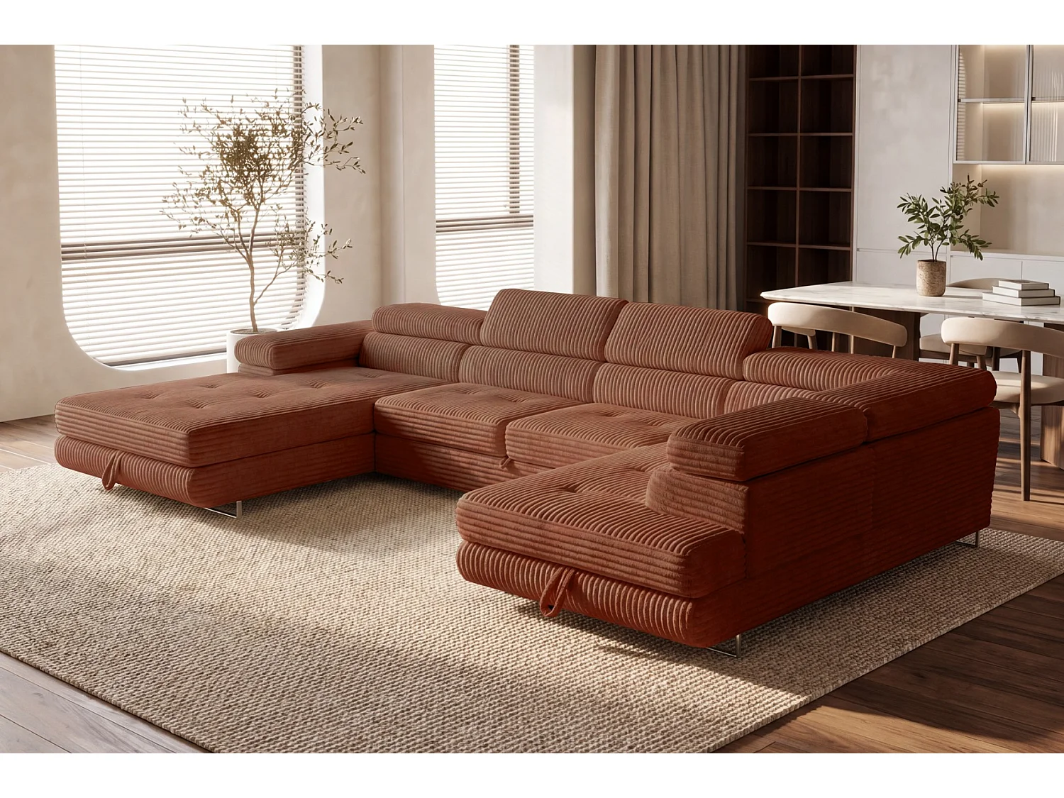 Wohnlandschaft mit Schlaffunktion und 2 Bettkästen terrakotta 345 cm - Cordo U