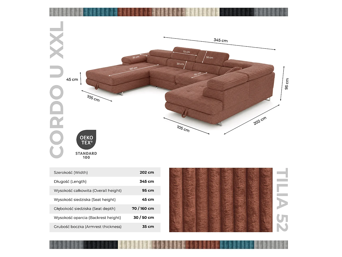 Wohnlandschaft mit Schlaffunktion und 2 Bettkästen terrakotta 345 cm - Cordo U